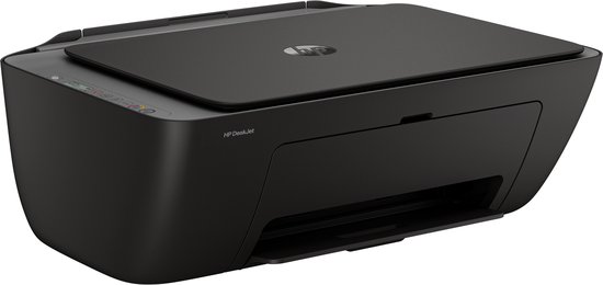 Zwarte HP DeskJet printer met een schuine opstelling, gezien vanaf de voorkant en zijkant.