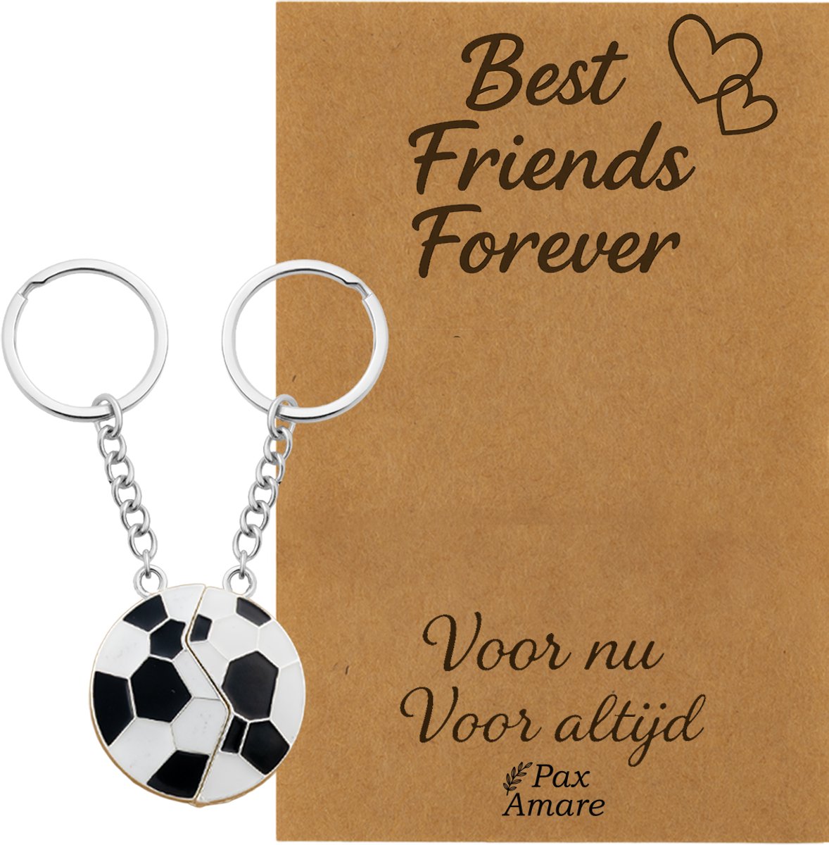 BFF Sleutelhanger voor 2 'Best Friends Forever' - Magnetische Voetbal - Sleutelhangers op Cadeau Kaartje - Zilverkleurig - Vriendschap Symbool - Pax Amare