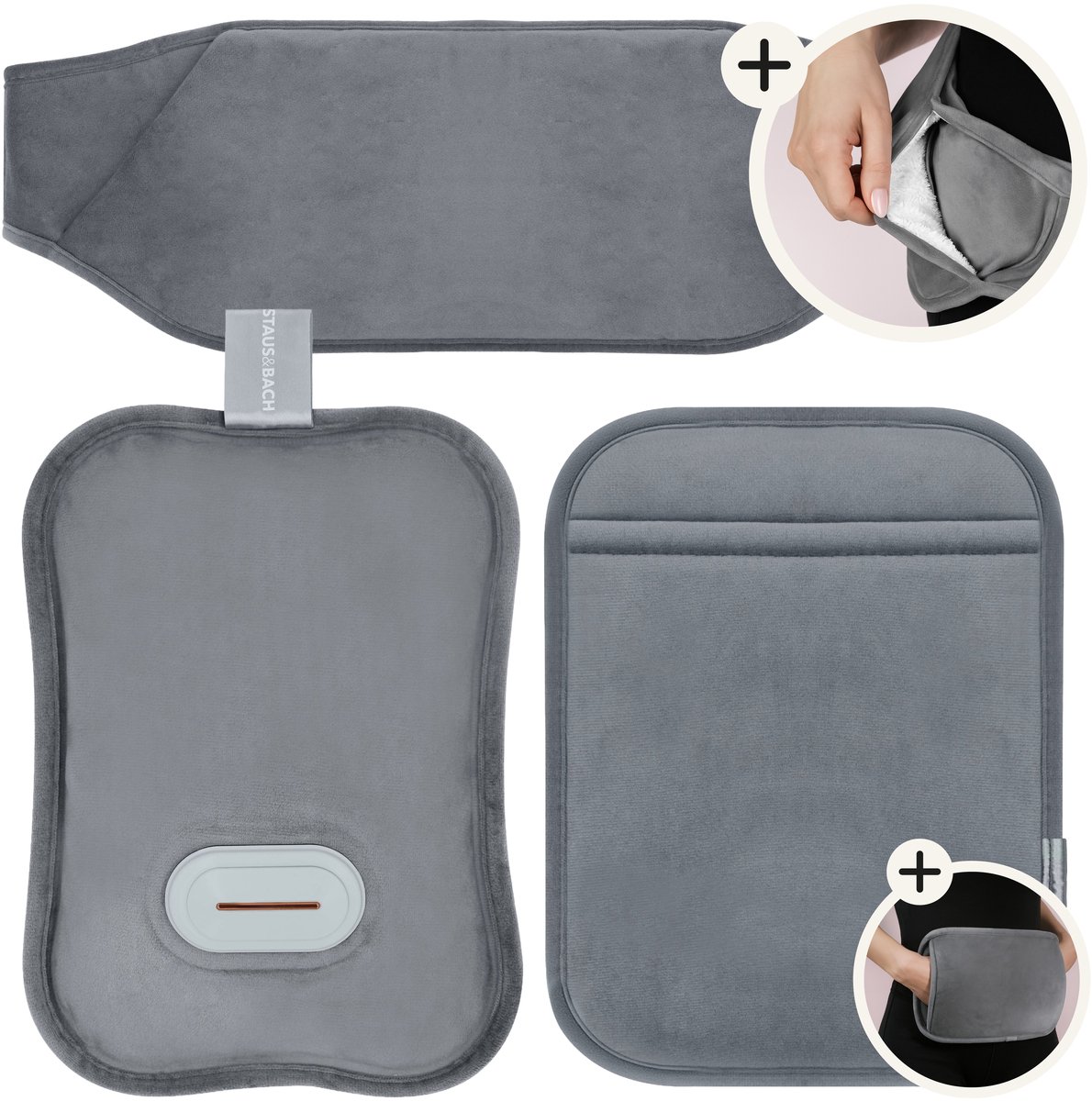 STAUS&BACH Bellune - Elektrische kruik met hoes - Warmwaterkruik met 3 warmtestanden (50°C tot 65°C) - 2 tot 10 uur Warm - Warmtekruik voor baby - Buikverwarmer, nekverwarmer en rugverwarmer - Menstruatie warmteband - Grijs