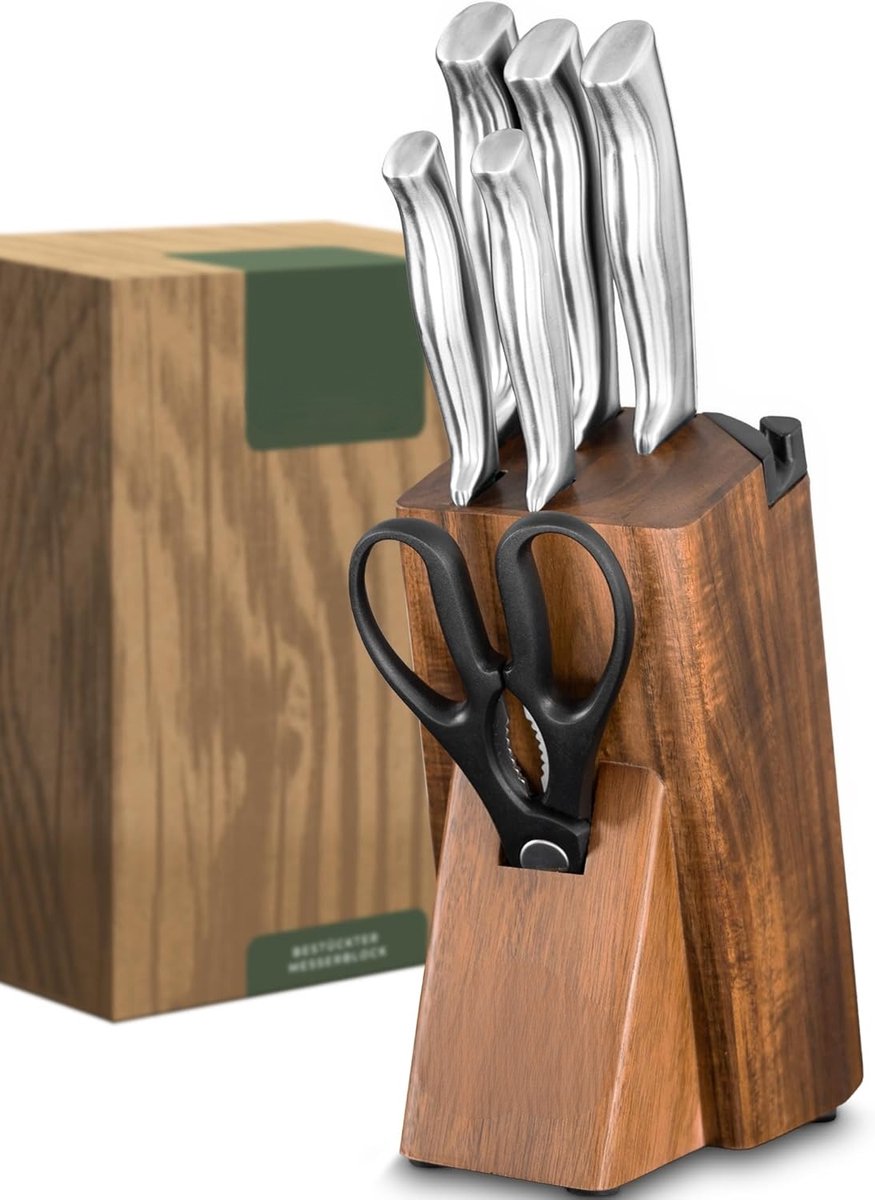 PromoHome 7-delige keukenmessenset met houten blok en ingebouwde slijper