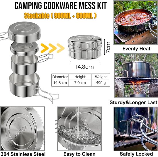 Kookgerei Set - Bordenset 2 Persoons - Kookgerei Set Met Houder - Ultralicht Campingkookgerei - Multifunctionele draagbare roestvrijstalen kookgereiset - Bordenstandaard - Compact Opbergen - Buitensport Keuken - Bushcraft - Picknick in de buitenlucht — afbeelding 3