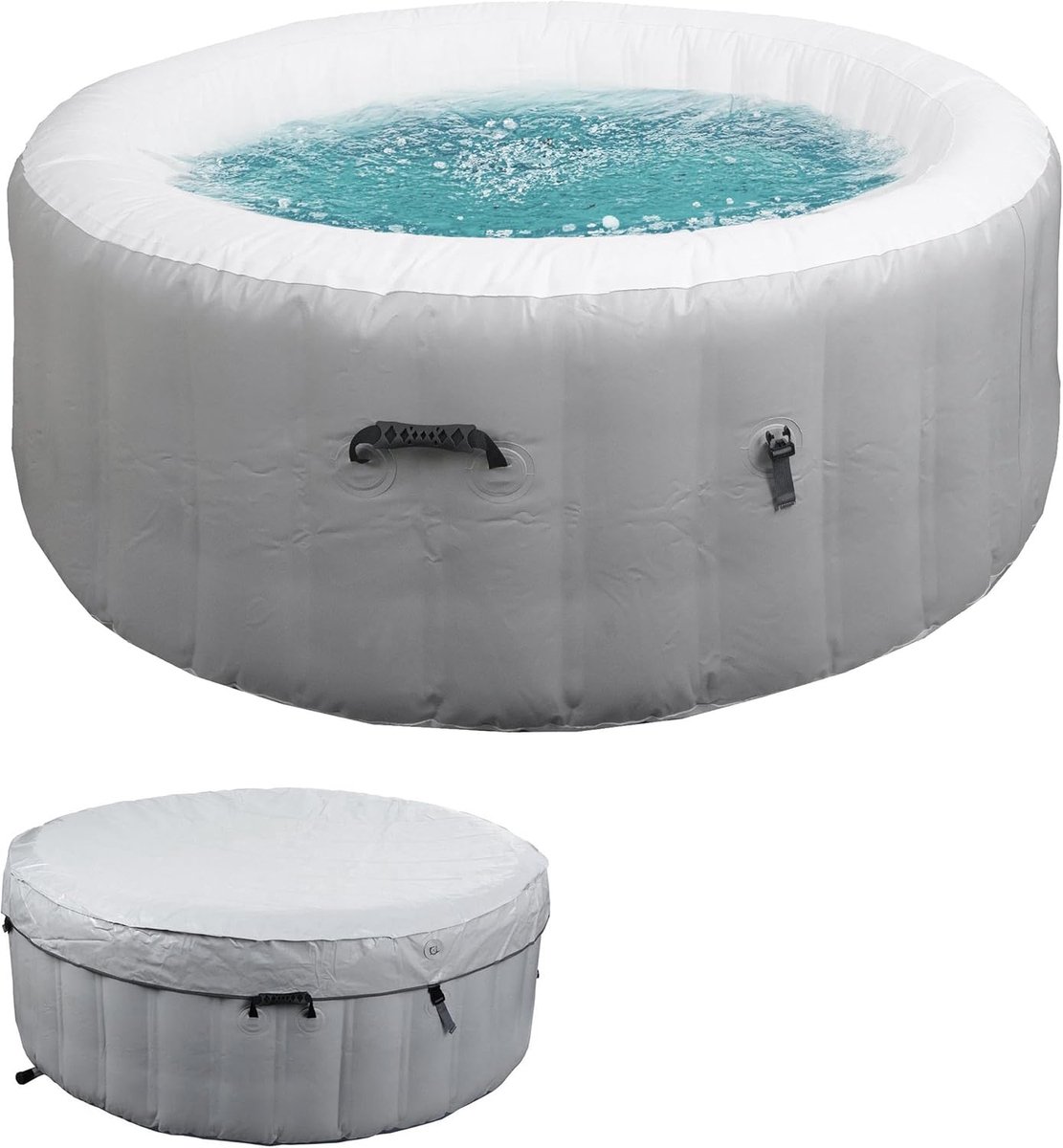 Opblaasbare Whirlpool 4 Personen – Altameubel Luxe Spa HWC-N97 – Rond Ø180 cm – 708L – Binnen & Buiten – PVC Gelamineerd – Grijs/Wit – Vervangingsjacuzzi met Afdekking – Hoge Stabiliteit & Duurzaamheid