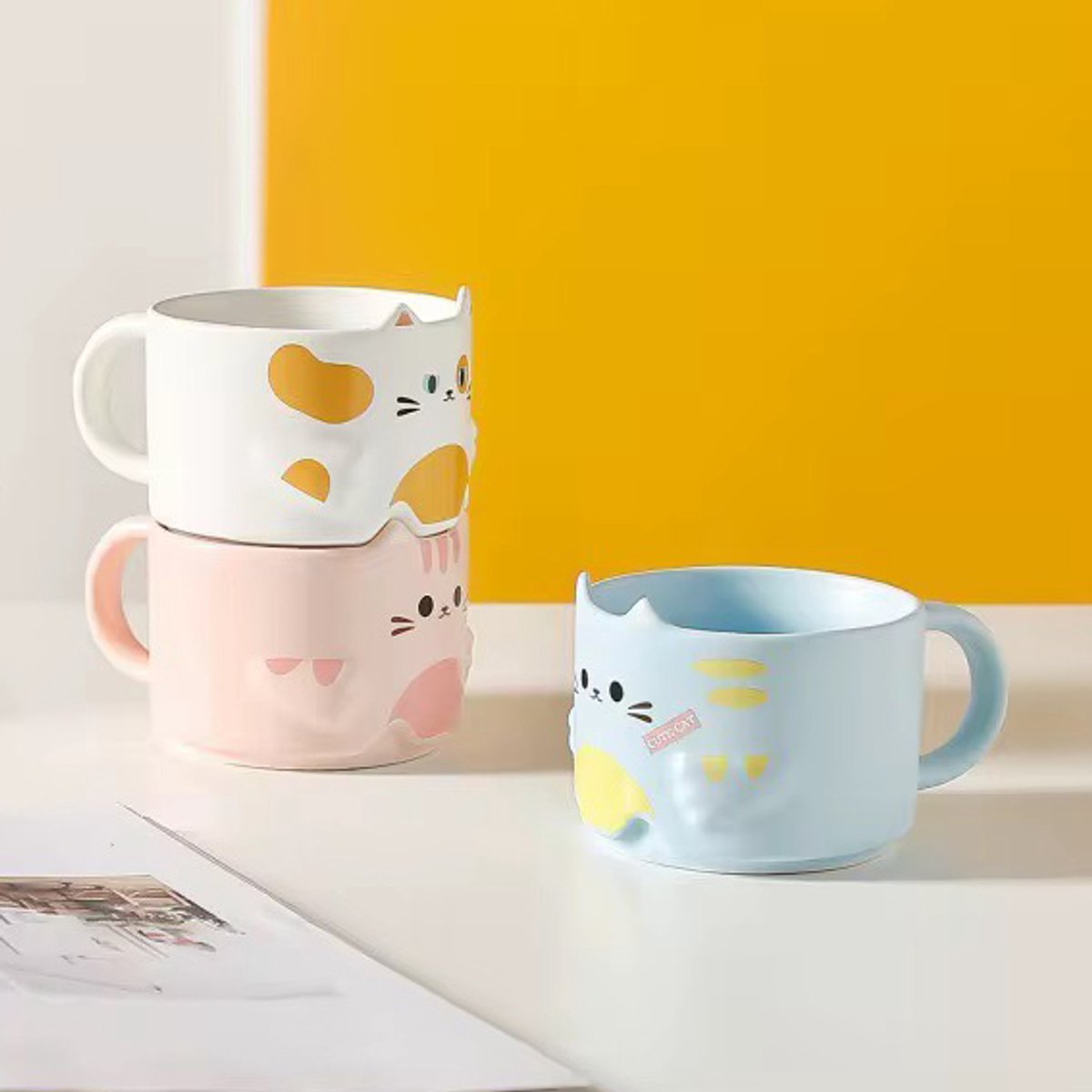Mokken poes set van 3 blauw - wit -roze Globalgiftshop stapelbaar