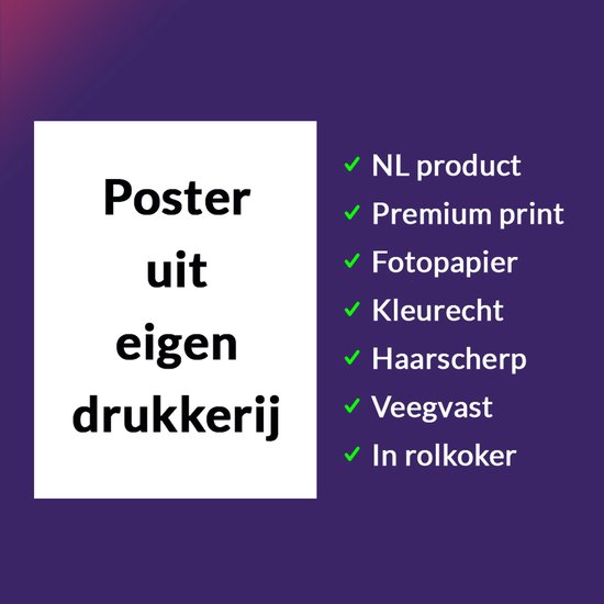 Poster met tekst: "Poster uit eigen drukkerij", met vinkjes ernaast voor "NL product", "Premium print", "Fotopapier", "Klerecht", "Haarscherp", "Veegvast", "In rolkoker".