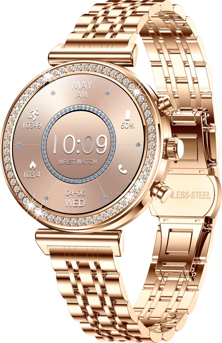 Knobbout Luxe Dames Smartwatch 1.27” Scherm met Kristallen – Bluetooth Bellen – HD Touchscreen – Hartslag, Bloeddruk & SpO₂ Monitoring – Vrouwelijke Gezondheidsfuncties – AI spraakassistent– IP68 Waterdicht – Rosé goud stalen horlogeband