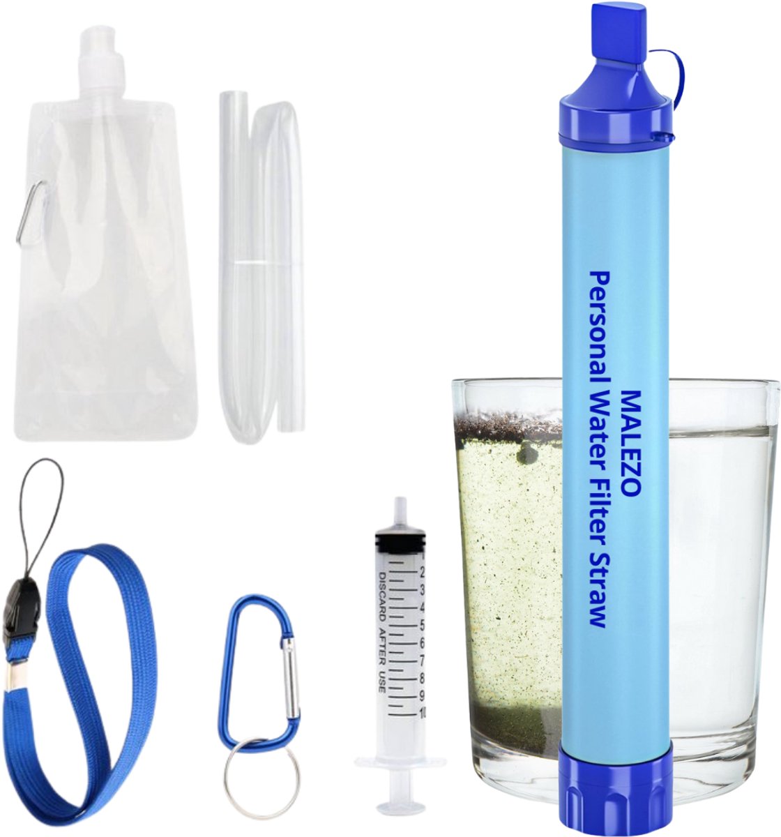MALEZO Personal Water Filter Straw - Complete set - Waterfilter Survival & Outdoor - Noodpakket voor Thuis - Waterzuiveringsapparaat - Filtert 1800L - Tot wel 450ml/ minuut - Waterzuivering - BPA-vrij - Overlevingspakket