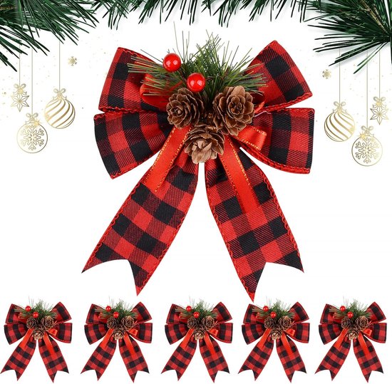 6 stks Kerst Rode Plaid Rijen Grote Rode Strikken Polyester Rode Linten ...