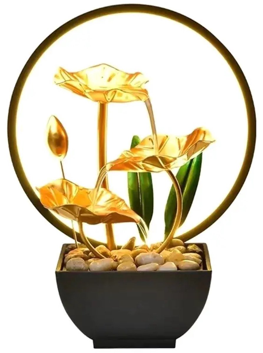 Moderne Lotus Waterval TafelFontein met LED LichtRing – 3-Lagen Waterornament van Metaal – Rustgevende Binnenfontein voor Woonkamer, Slaapkamer, Kantoor & Yoga – 22×13×28 cm