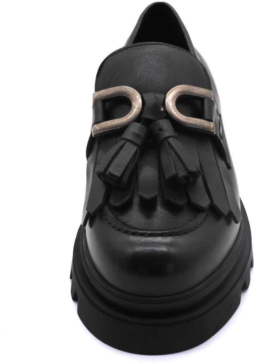 Dames Loafers Echt Leer – Zwarte Chunky Zool – Elegante Fringes & Gesp – Comfortabele Instappers