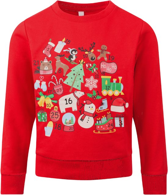 Pull de Noël moche Enfants - Calendrier de Noël - Rouge - Taille 110/116 - Garçons et Filles