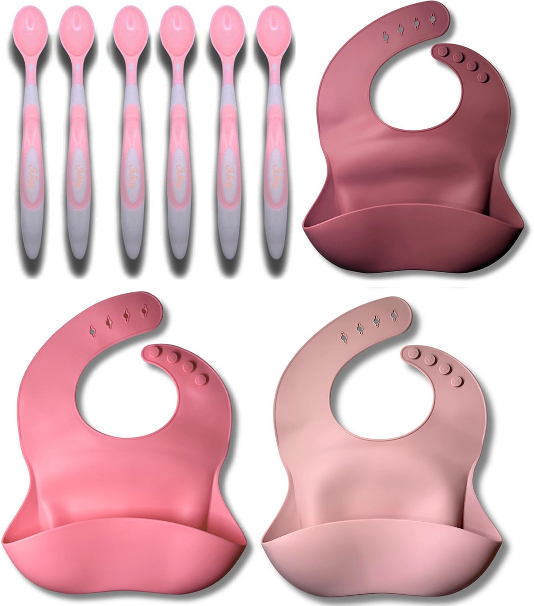 JGR – Set Baby Oefenlepels met Slabbetjes – Set van 6 - Zachte Siliconen Baby Lepels - BPA-vrij Peuter Bestek - Veilige Baby Voedingslepels - Ideaal voor Eerste Hapjes & Zelfstandig Eten