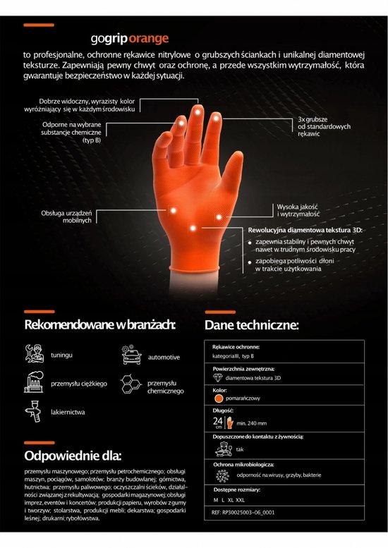 Oranje nitril handschoen met 3D diamanttextuur voor extra grip, op de hand. Gemaakt van duurzaam materiaal.