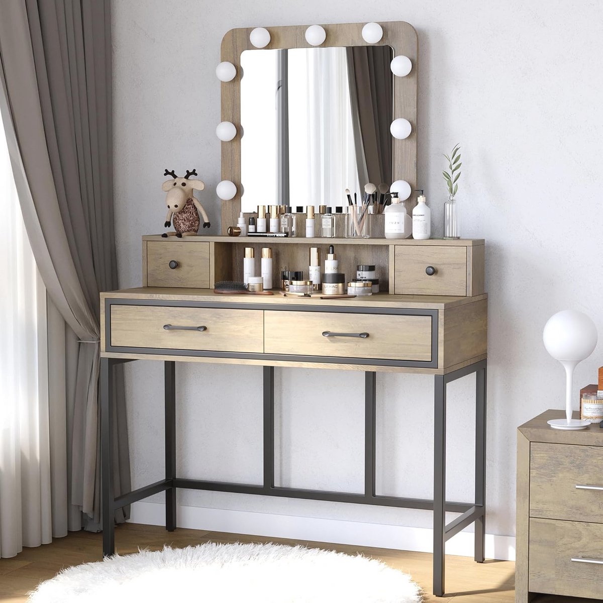 Dimbare Make-up Kaptafel met Verlichte Spiegel en 4 Laden voor Dames