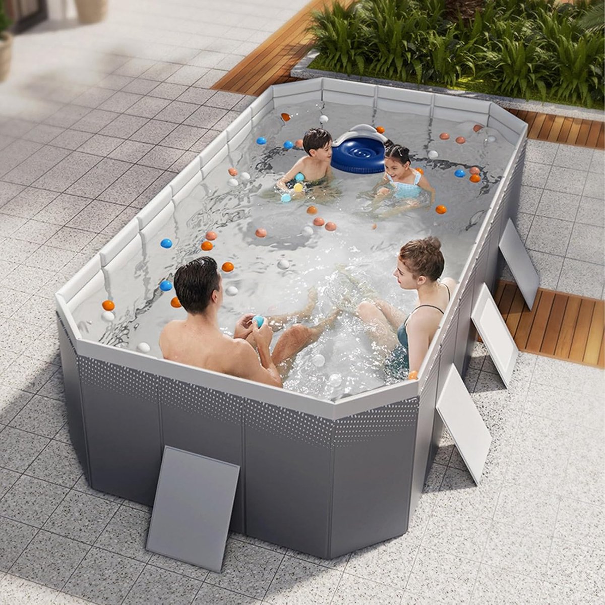 Opvouwbaar Zwembad Altameubel Rechthoekig 210 cm – Niet-Opblaasbaar Hard-Frame Familiezwembad met Harde PVC Schaal – Draagbaar Outdoor Zwembad met Afvoerschroef & Dubbel Drainagesysteem – Voor Tuin en Zomerwaterfeest