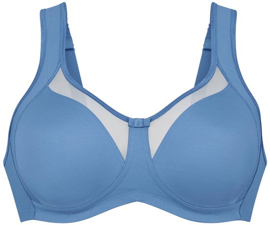 Blauwe bh met mesh inzetstukken op de cups, strikje middenvoor en brede bandjes.