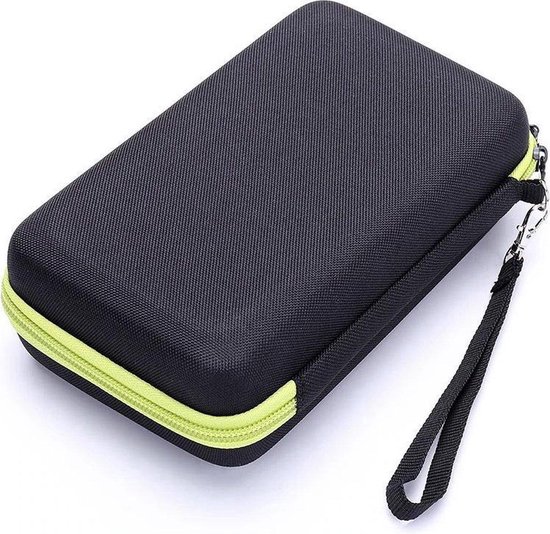 Gesloten zwart en limoengroen etui met polsbandje.