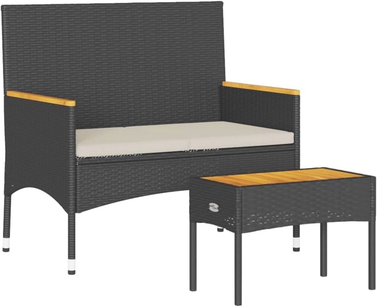 Tuinbank 2-zits met kussens en tafel - Polyrotan, Buitenmeubilair, Balkonbank, Parkbank