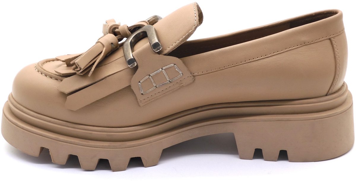 Dames Loafers Echt Leer – Chunky Zool – Donker Beige – Comfort & Trend – Met Franjes en Gesp