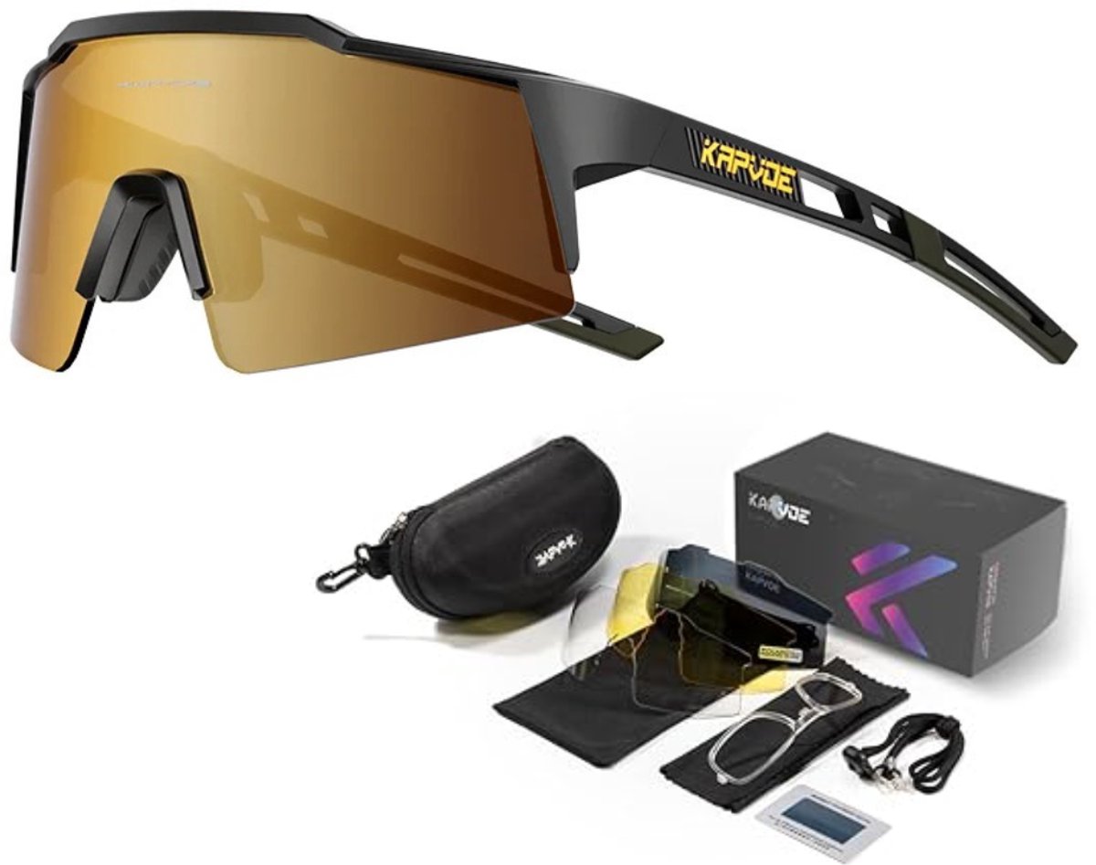 KAPVOE Sport Zonnebril - COMPLETE SET - 4 GLAZEN - Fietsbril - Sportbril - Mountainbike - Ski - Wintersport - Sneeuw - Polariserend - UV 400 - Nachtbril - Frame voor Zonnebril op Sterkte - Hoesje -Brillenkoker - Danes en Heren- Zwart goud