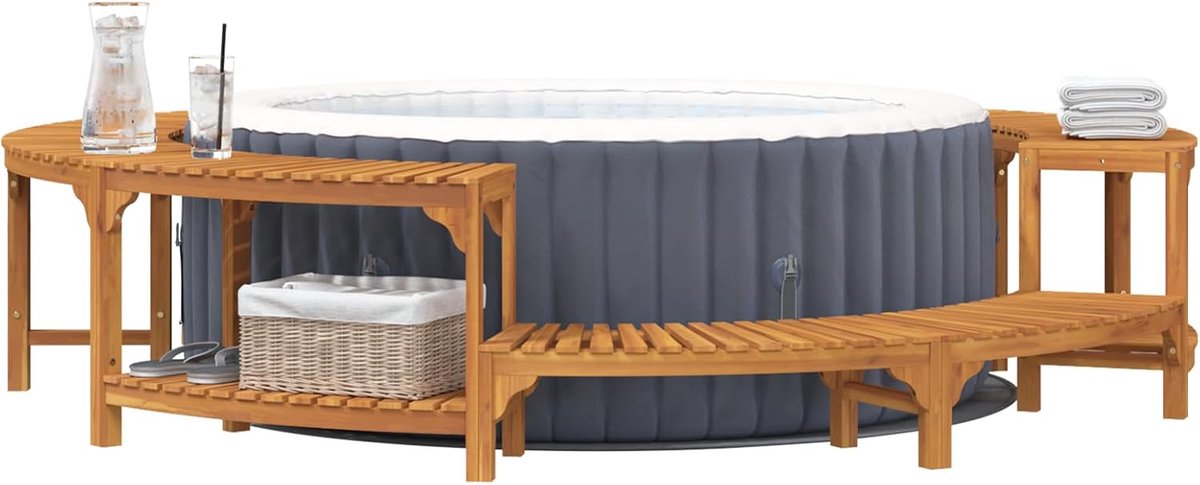 Breng luxe, comfort en stijl samen in uw tuin met de Altameubel Premium Spa Surround Whirlpool Omranding Ø255 cm. Deze hoogwaardige jacuzzi-omranding is speciaal ontworpen om elke opblaasbare of vaste hot tub te transformeren tot een elegante wellnes