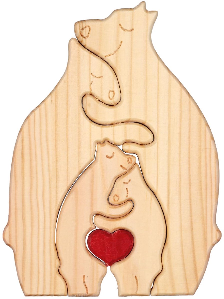 Personalized Bear Family Art Puzzle, Wooden Bear Puzzle With Heart Loving Family Bear Sculpture - Home Warming Birthday Gifts For Dad Mother Home Decoration (4 Bears)