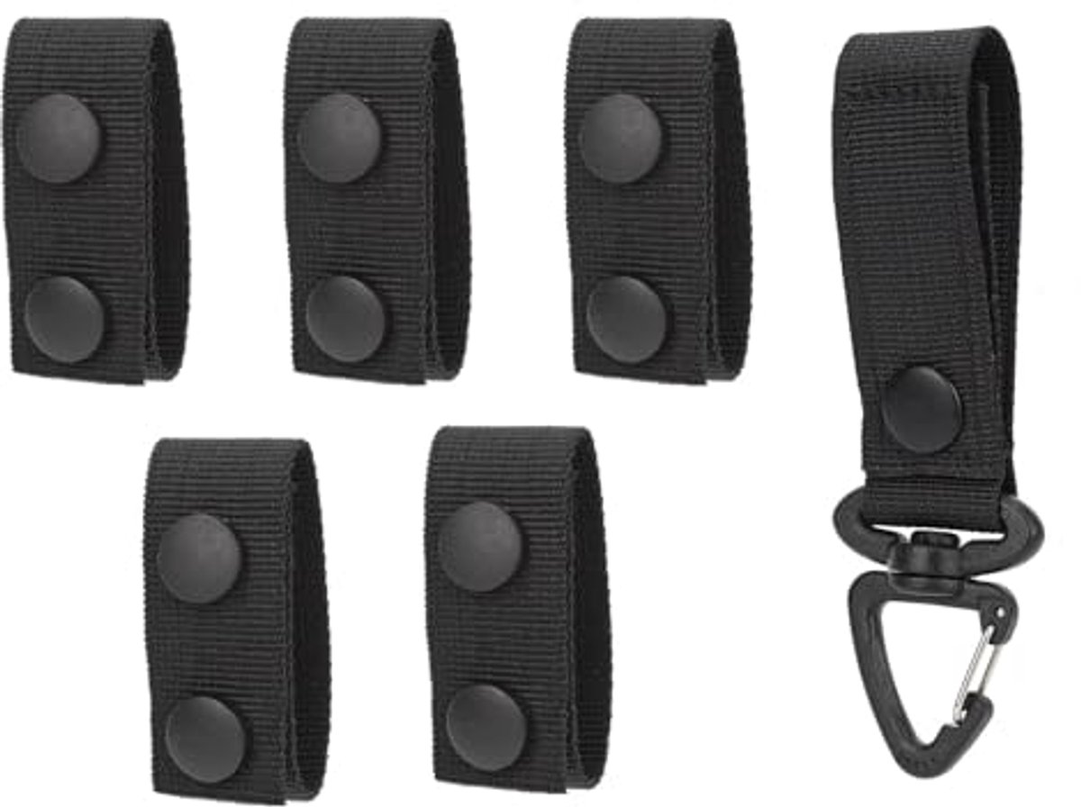 5 stuks riemhouders voor dienstriemen en 1 sleutelclip, nylon riemaccessoires met dubbele drukknopen, accessoires voor wetshandhaving, geschikt voor 5-6,3 cm met riemlushouder