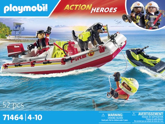 PLAYMOBIL brandweerboot set met waterscooter, reddingshond en duiker, op een witte achtergrond.