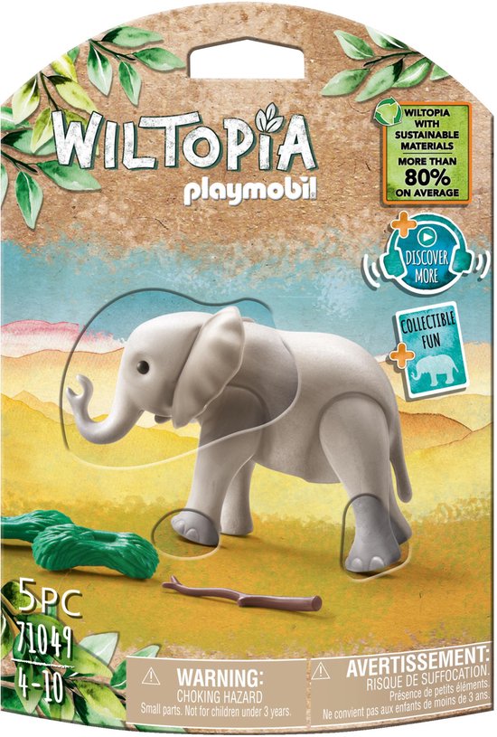 Grijze Playmobil babyolifant met tak en groen struikgewas op een speelgoedverpakking.