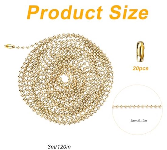 120-Inch Ceiling Fan Pull Chain – 3mm Metal Beaded Extension With 20 Connectors, Nickel-Plated Iron, Gold Finish