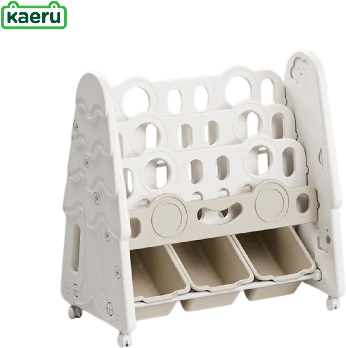 Kaëru® Kinderboekenrek – Speelgoed Opbergrek – 3-Lagen Boekenkast + 3 Opbergdozen – HDPE Veilig Materiaal – Schattig Design – Makkelijk Verplaatsbaar – 68x66x38 cm – Ivoorwit