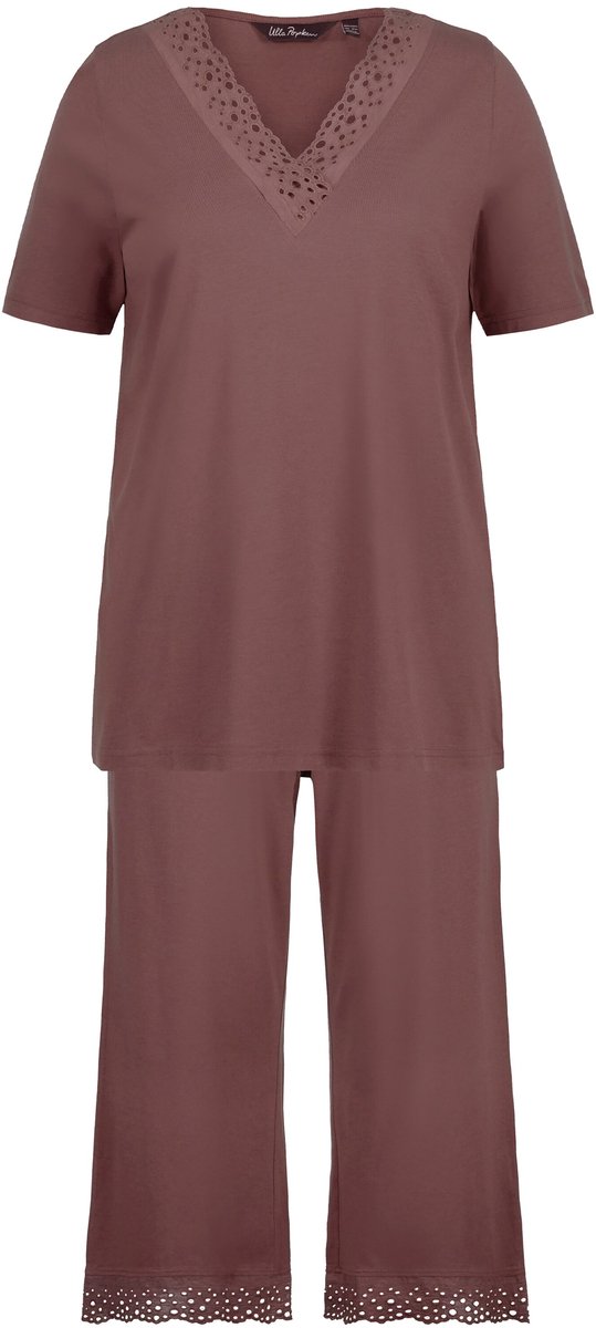 Ulla Popken - Dames - Pyjama opengewerkt borduursel korte mouw modalmix - Aarde - Maat 50+