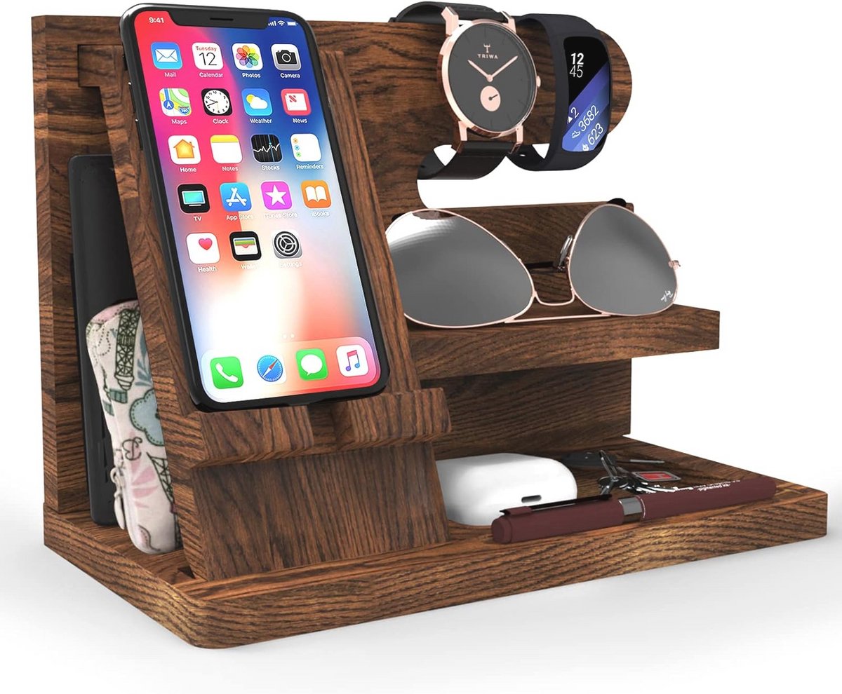 Telefoon Docking Station Nachtkastje Organizer voor Mannen - Sleutel, Portemonnee en Horloge Houder