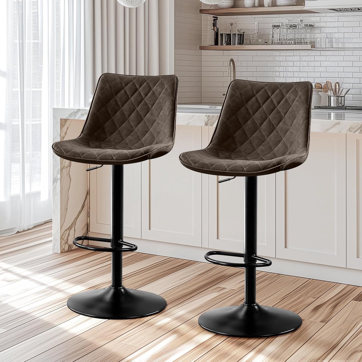 Set van 2 Design Barkrukken met Rugleuning - Hoogte Verstelbare Barstoelen Microvezel Leer - Medahomestore