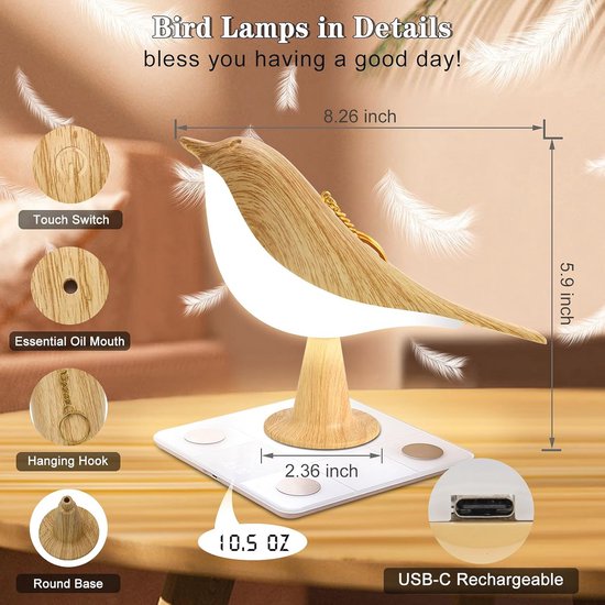 Draadloze Vogellamp met 3 Kleuren Temperatuur en Dimmer - Touch Nachtlampje en Aroma Diffuser voor Kinderen van Merkloos — afbeelding 5