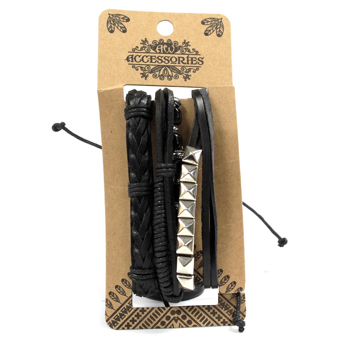 Heren Armband Set – Black & Macho - Imitatieleer - Kralen - Metaal - Zwart