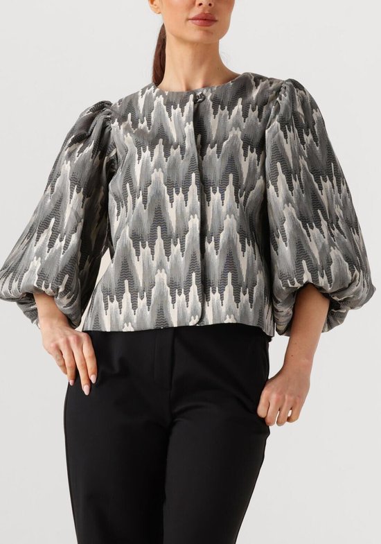 Vrouw in grijze blouse met volumineuze mouwen, zigzag patroon en zwarte broek.