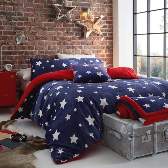 Ensemble de Housse de Couette Teddy Fleece Réversible avec Motif Étoiles - Super Doux et Chaud - King Size