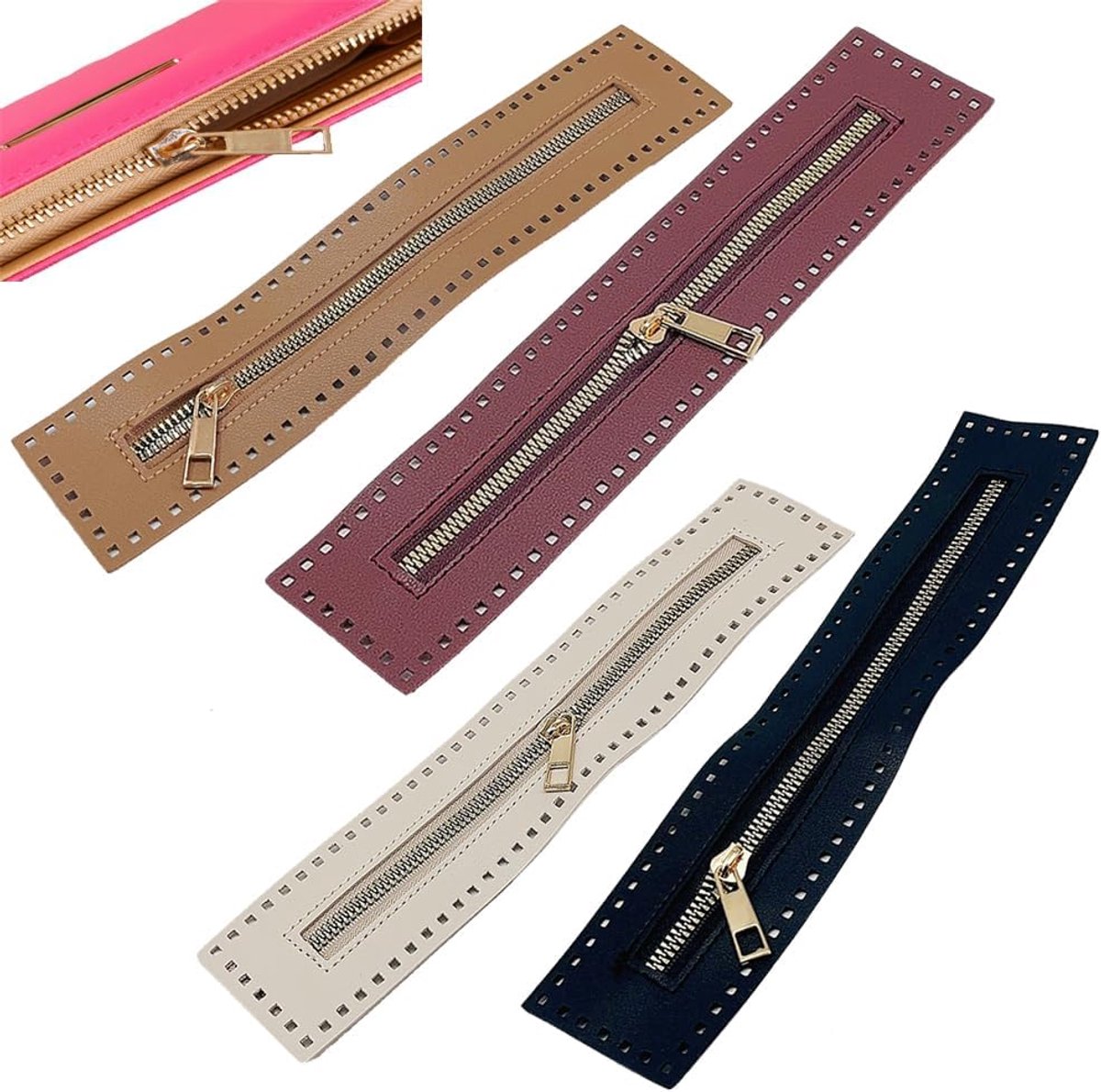 Pack of 4 zips voor naaien - PU leer - 5 kleuren - 27 cm - zips voor DIY tassen - metalen zips - stoffen tas zips - voor creatief gebruik