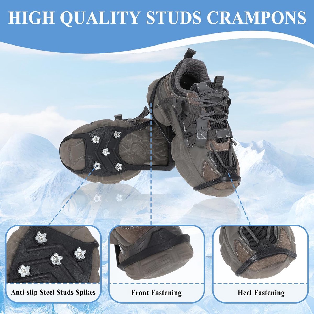 Candala antislip schoenspikes siliconen ijs-sneeuwgrepen roestvrijstalen schoenspikes schoenklauwen stijgijzers schoenspikes voor schoenen winter outdoor voor dames en heren Zwart