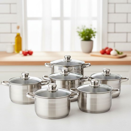 Batterie de cuisine 5 pièces en acier inoxydable avec Couvercles en Verres – Sans PFAS, durable, compatible lave-vaisselle et convient aux Cuisinières à induction, à gaz et électriques – Batterie de Cuisine Premium et durable