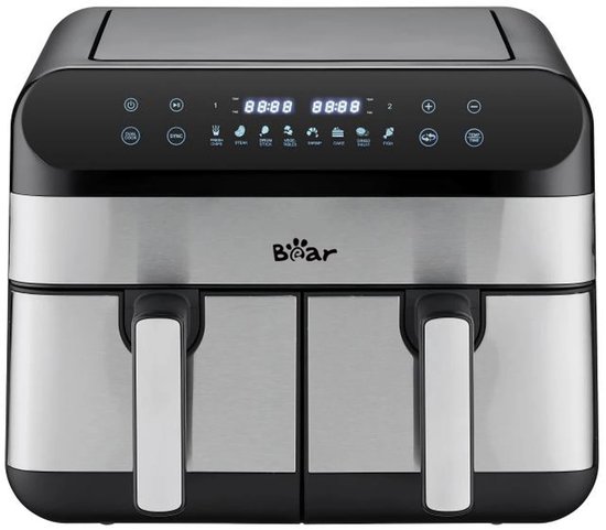 Bear Dubbele Air Fryer – 9L Heteluchtfriteuse met 2 Mandjes – 2400W – Onafhankelijke Temperatuurregeling & 8 Programma’s – Digitaal Display – QZG-F24F1