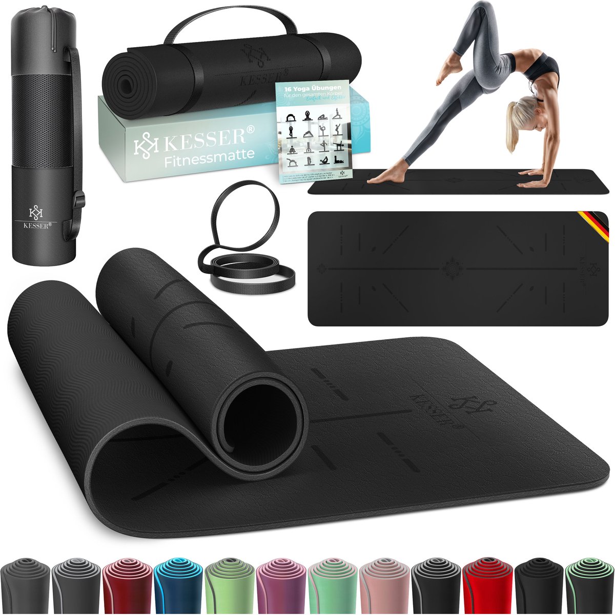 KESSER® Yoga Mat Extra Dik 183x61cm - Turnmat TPE Fitnessmat Gewatteerd & Antislip Yogamat Trainingsmat voor Fitness Pilates & Gymnastiek - Zwart
