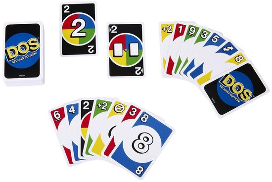 De Dos kaarten, tweede editie, en twee stapels kaarten met nummers 2, 5, 8, 9, +2 en een 6.