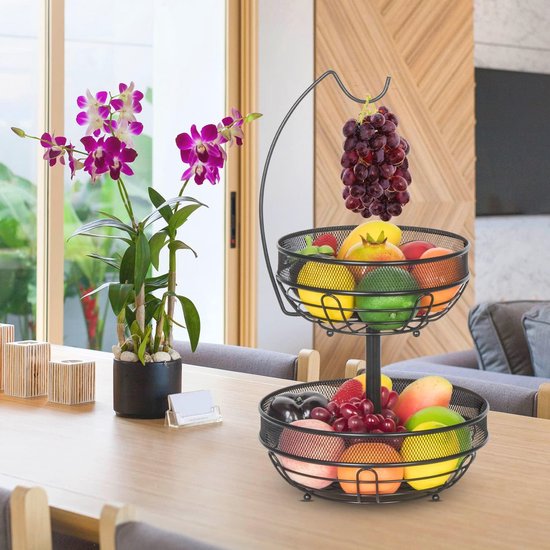 Fuleadture Fruitschaal met Bananenhanger - Ronde Fruitmand Zwart - 2-Laags Etagère