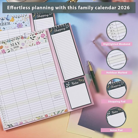 Familiekalender 2026 met 5 kolommen en boodschappenlijst