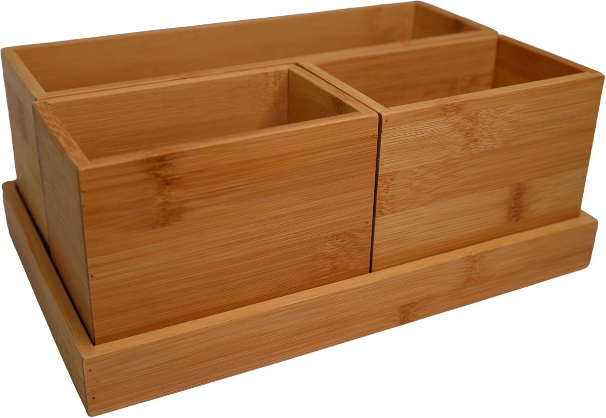 4-Delige Bamboe Tafel Organizer - Multibak voor Thuis en Kantoor (28x18x10 cm)