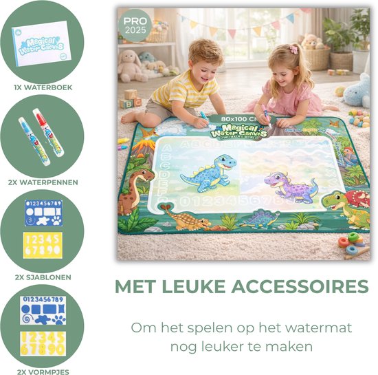 Kinderen tekenen op een dino watermat, compleet met 2 waterpennen en sjablonen, in een speelse setting.