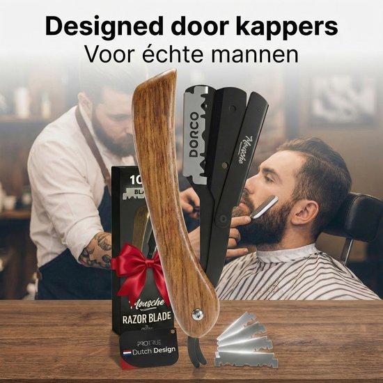 Barbiersmes met houten handvat en scheermesje, bij een man die wordt geschoren.