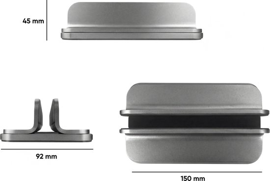 Grijze aluminium laptopstandaard, 92 mm breed, 45 mm hoog. Verstelbaar.