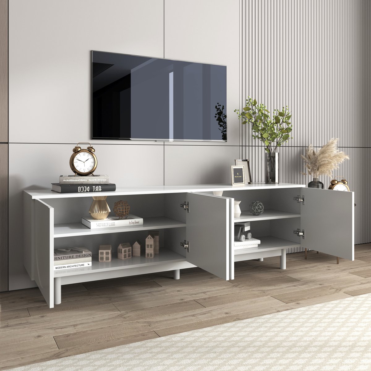 REDOM TV-meubel - spaanplaat - met deuren push-to-open - 175 cm x 38 cm x 56 cm, White Wit